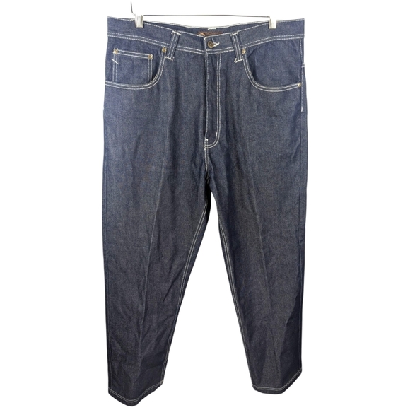 Y2K Risk Jeans Company Straight Leg Dark Wash Denim Streetwear Mens 36x32 - Picture 1 of 7